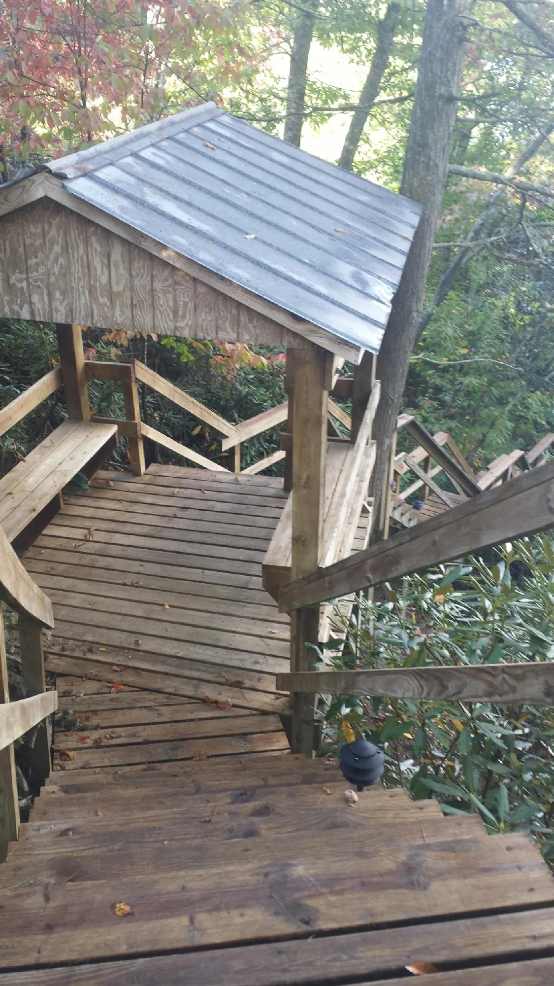 Metal roofed shelter over wooden steps on a wooded walkway — Skylight Repair & Installation work by our crew in Corydon